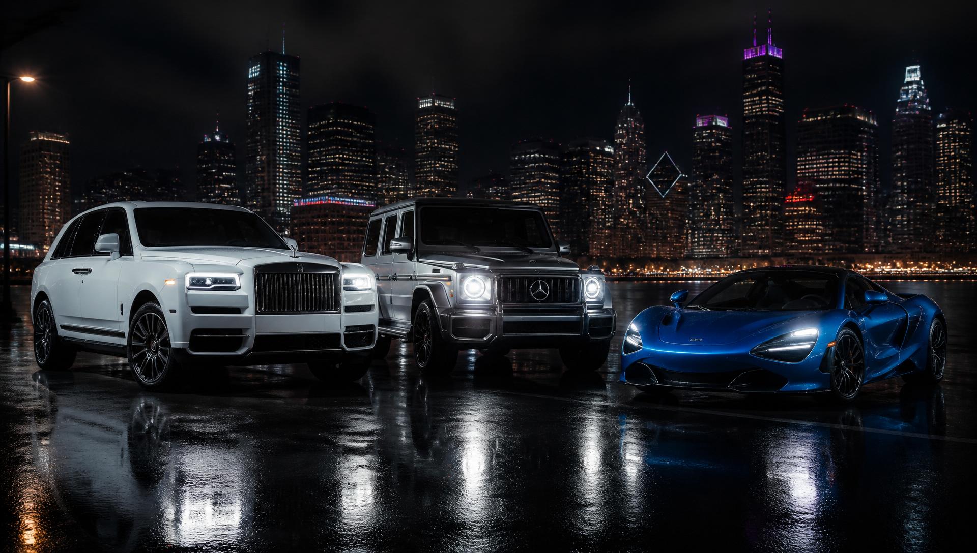 Luxury exotic car fleet in front of the Chicago skyline